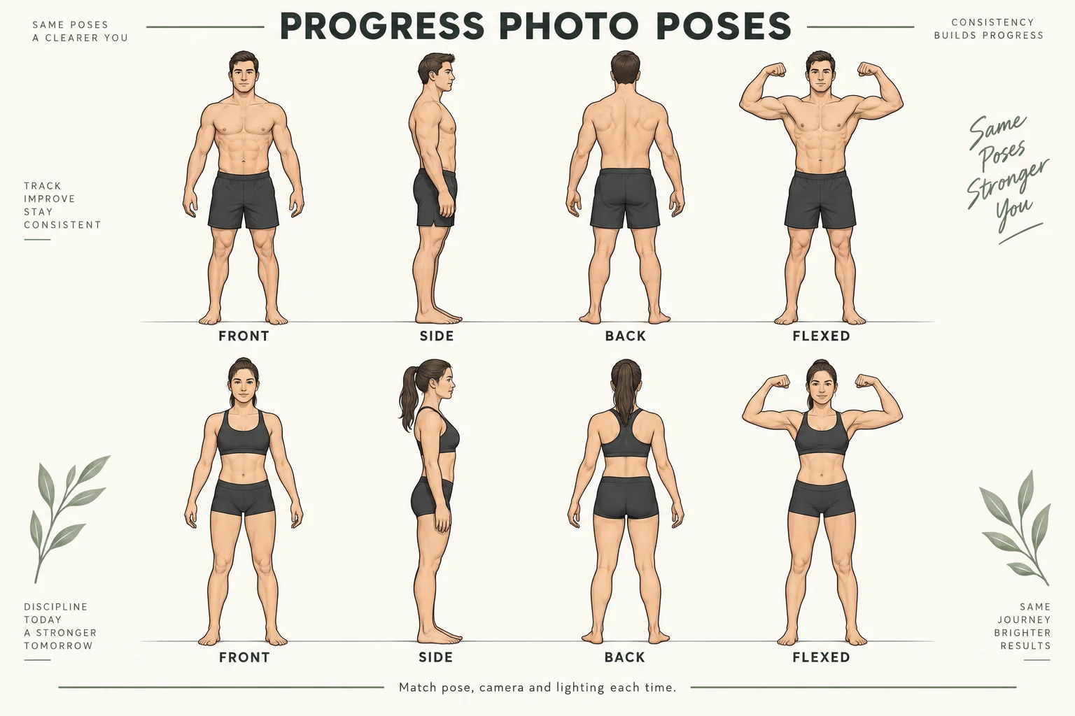 Labeled front, side, back and flexed progress-photo pose illustrations for men and women