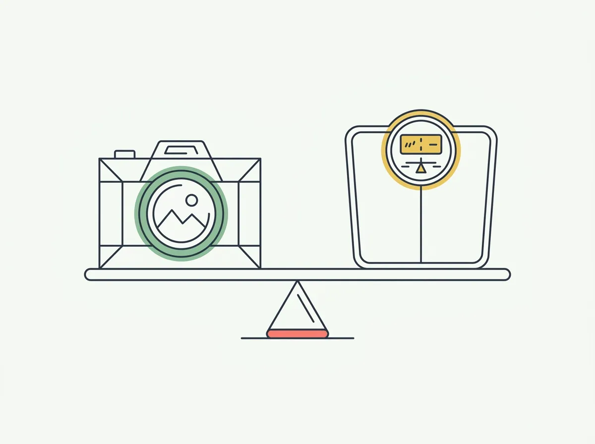 A bathroom scale beside a phone showing side-by-side progress photos, illustrating the progress photos vs scale comparison for tracking fitness progress