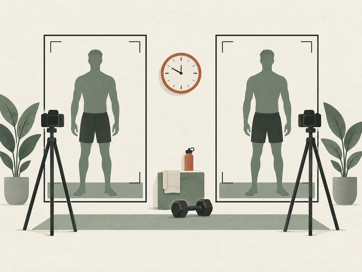 Conceptual illustration of identical athletic silhouettes with matching photo frames, a clock and a dumbbell