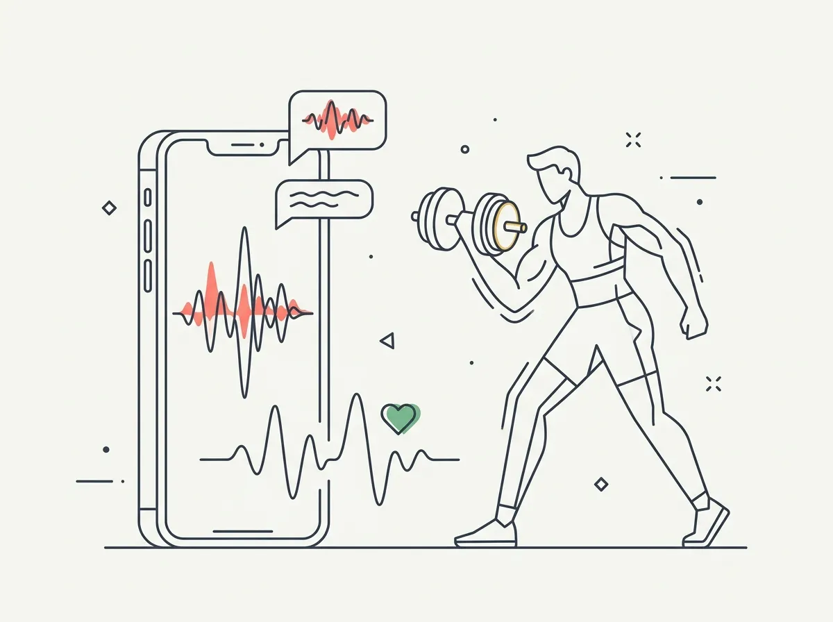A smartphone with a voice waveform coaching a person lifting a dumbbell, with voice bubbles and a heart rate line