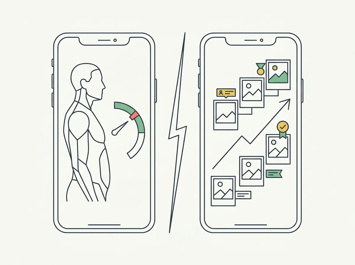 Two smartphones side by side — the left showing a scanned 3D torso with a body fat gauge dial, the right showing a chronological progress photo timeline with an upward trend line and score badges