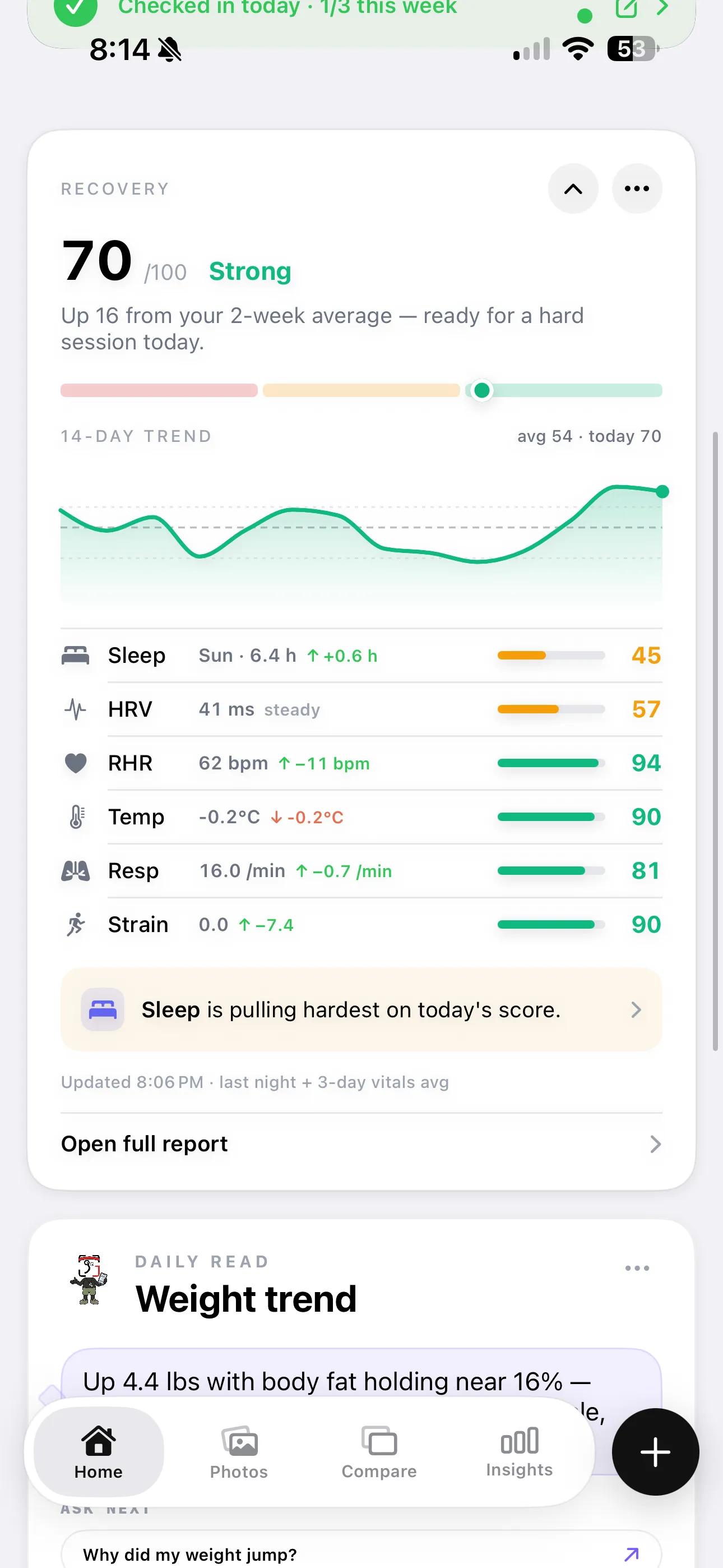 GainFrame recovery score of 70 out of 100 with a 14-day trend and a breakdown of sleep, HRV, resting heart rate, temperature, respiration, and strain signals