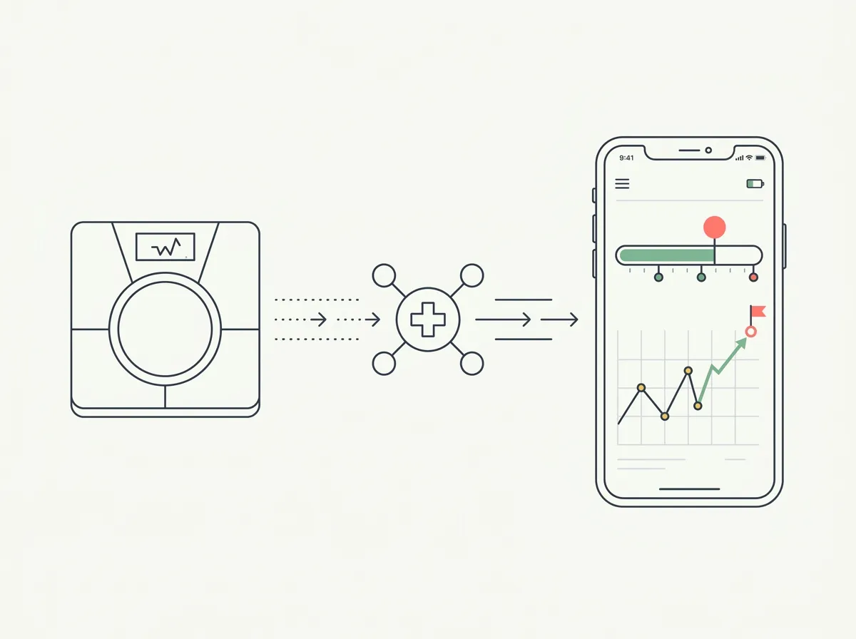 A bathroom scale sending data through a health hub icon into a phone app showing a goal milestone tracker and trajectory chart