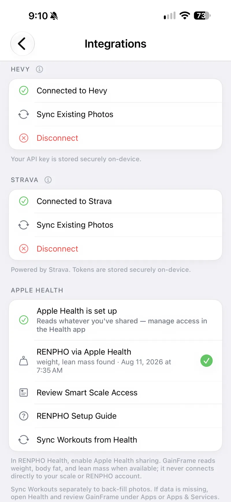 GainFrame's integrations screen showing Apple Health set up and RENPHO via Apple Health with weight and lean mass found from the morning weigh-in