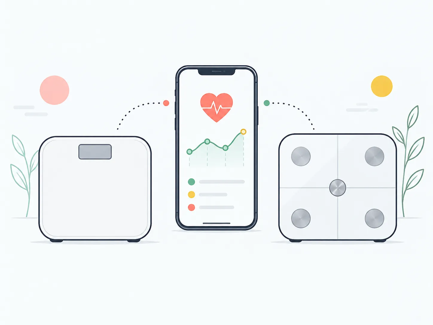 Illustration of two bathroom scales sending weight trends to a smartphone