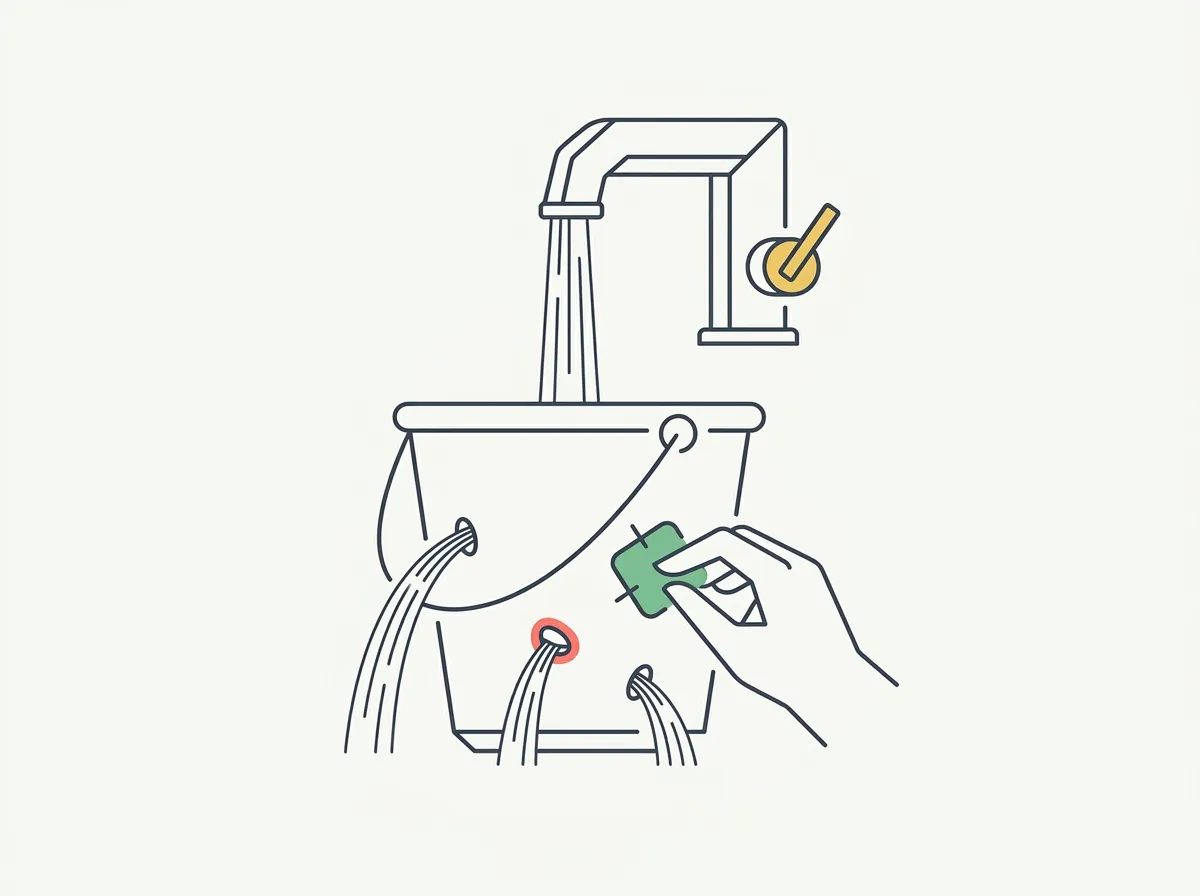 Line-art illustration of a bucket filling from a faucet while water leaks from small holes in its sides and a hand patches one hole