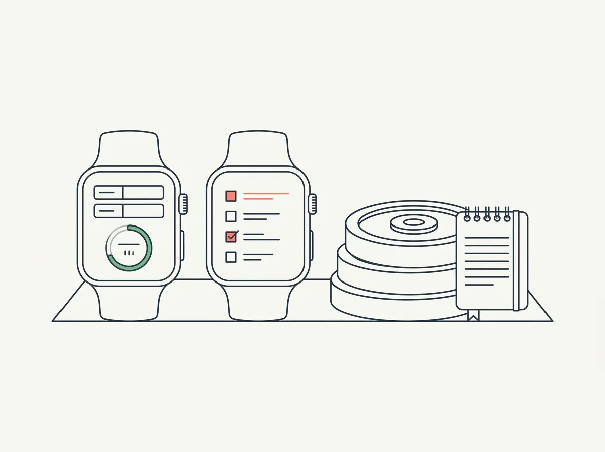 Line illustration of two smartwatches with a rest timer and a set checklist beside weight plates and a training notebook