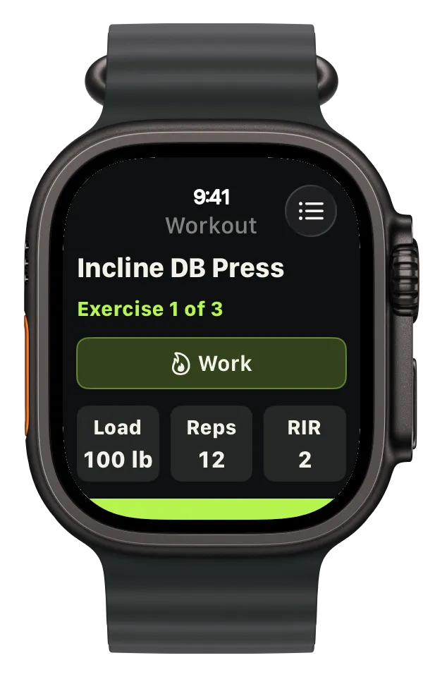 RIRLift Apple Watch screen showing an incline dumbbell press with separate load, reps, and RIR controls