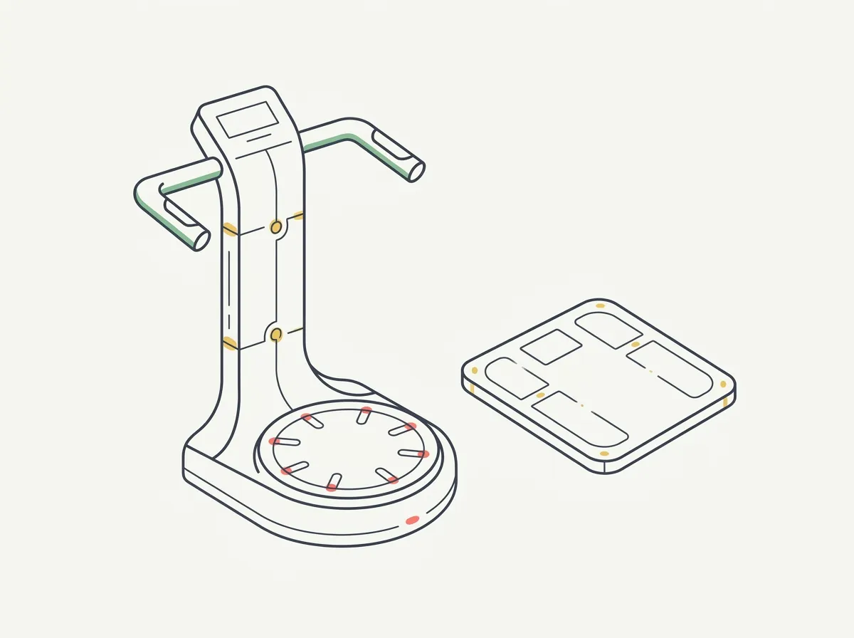 Illustration of a bathroom scale and a handle-equipped body-composition scale beside a progress chart