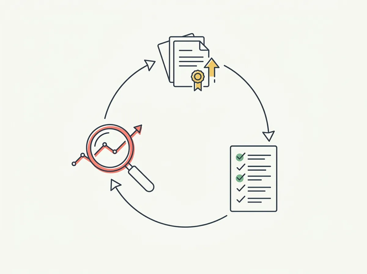 Line-art illustration of a circular feedback loop connecting a magnifying glass over a rising chart, a checklist, and a published document