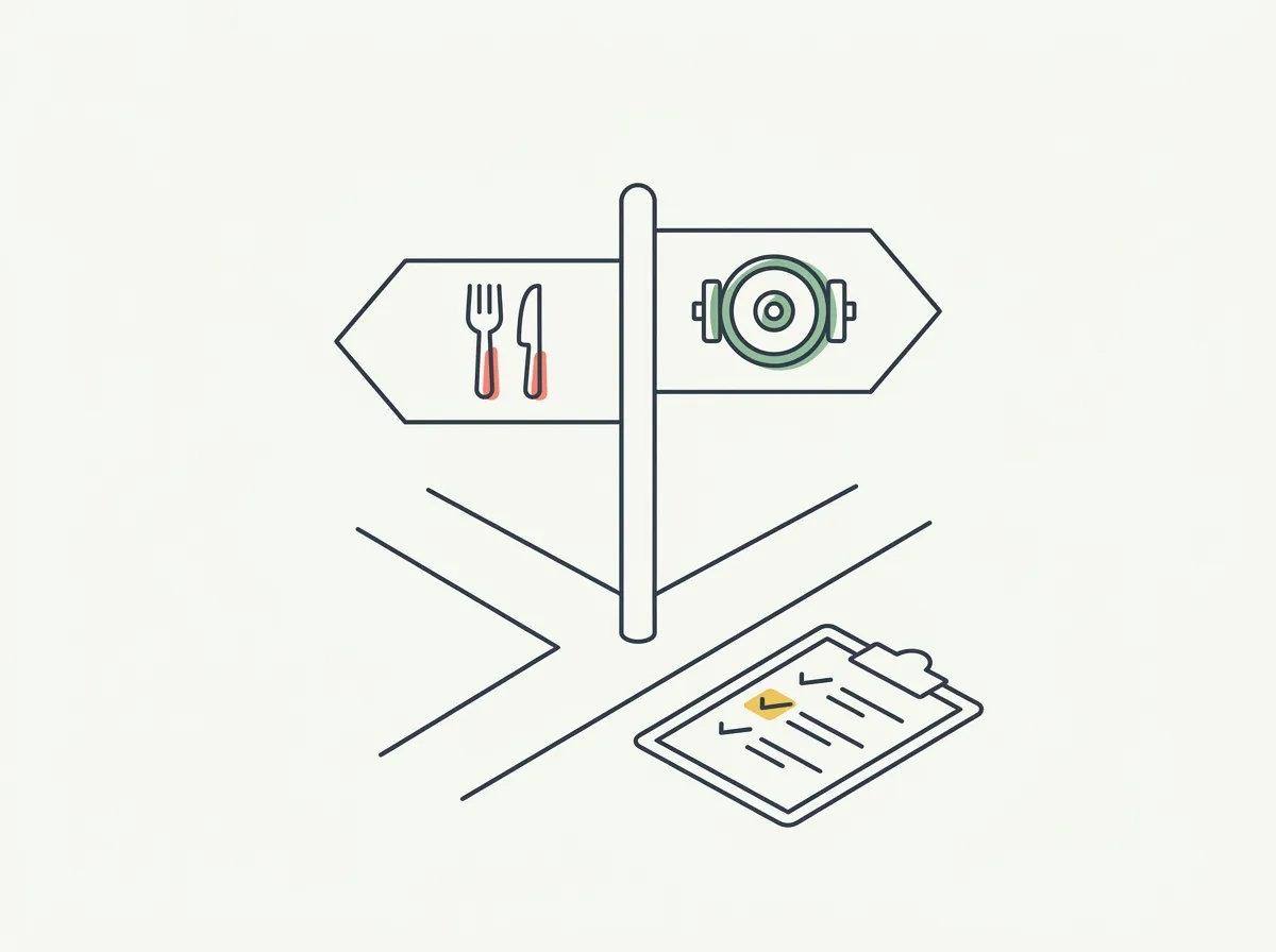 A two-path signpost pointing toward bulk and cut with a six-item checklist and a body fat gauge in the middle