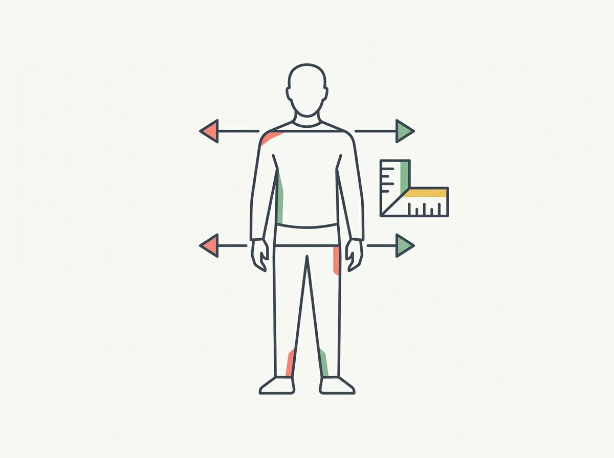 Clothed front-facing figure with separate horizontal measurement arrows at the shoulders and hips