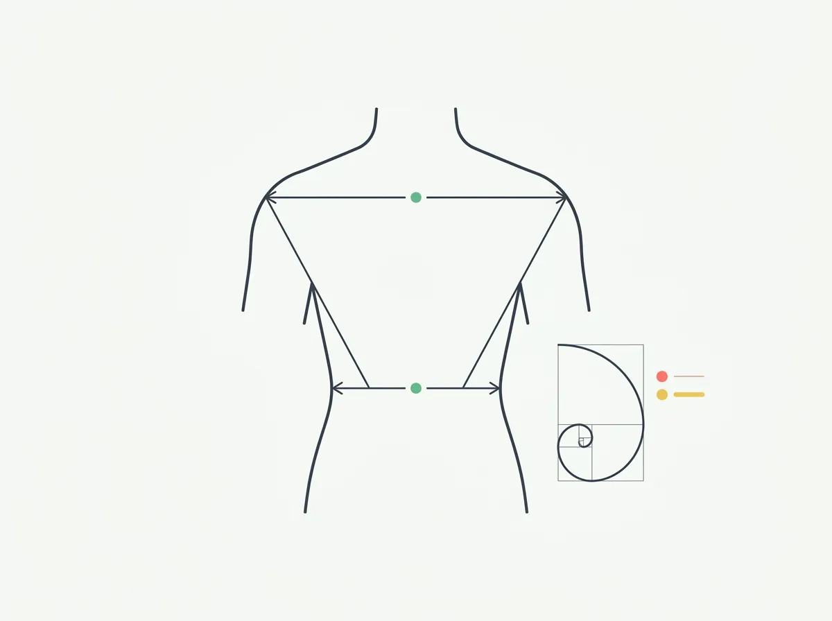 Human torso from behind with measurement lines showing shoulder width and waist width forming a V-shape, with the golden ratio spiral indicating the 1.618 ideal