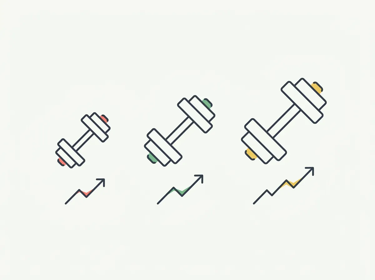 Three progressively larger dumbbells with upward-trending charts beneath each, representing the accumulation of strength gains as a leading indicator of muscle growth