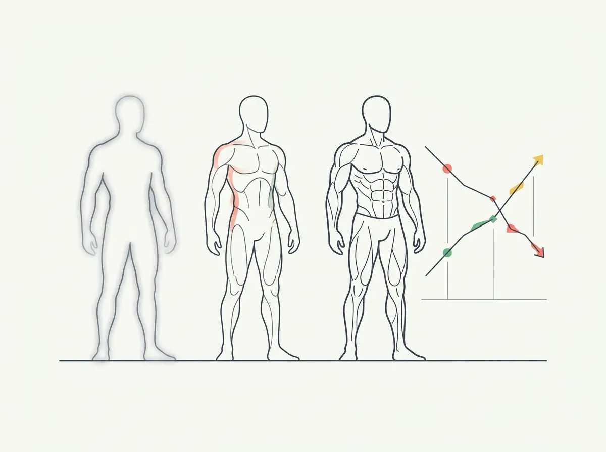 Three-stage body silhouette transformation from soft and undefined to lean and muscular, with a composition chart showing fat percentage dropping and muscle increasing
