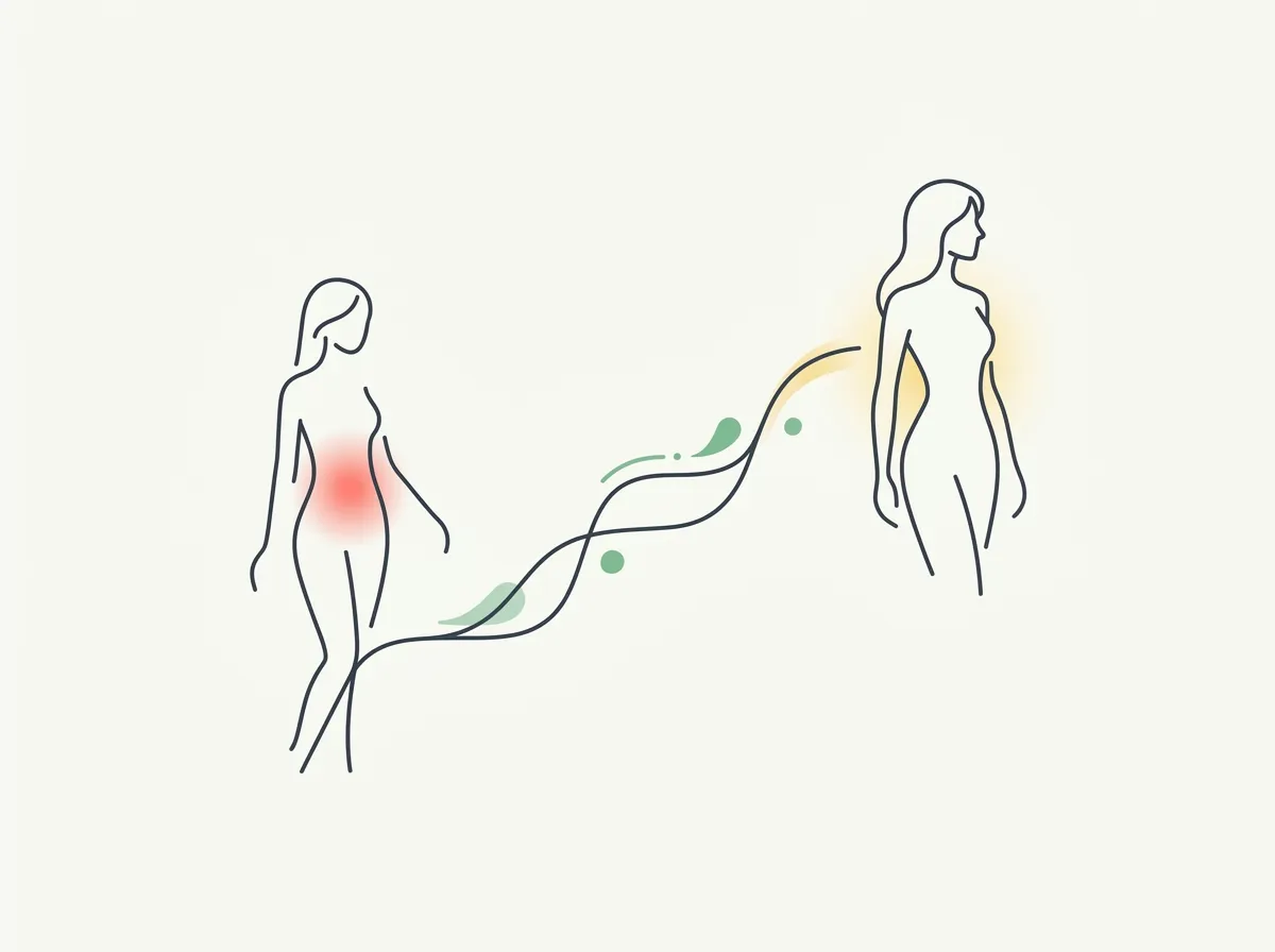 Illustration of a woman at a normal scale weight with a soft midsection beside a body fat and muscle mass breakdown the scale cannot show