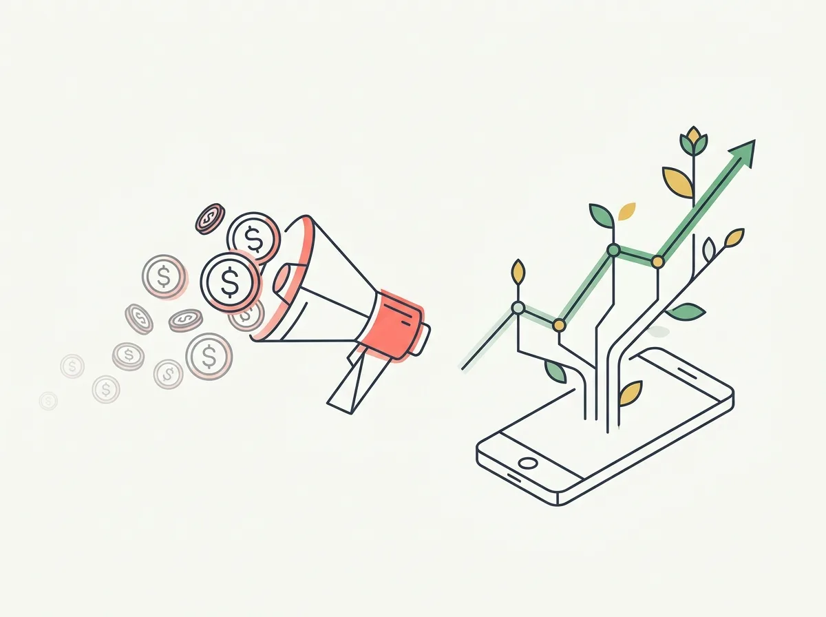 Line-art illustration of a megaphone spilling coins on one side and an upward chart growing from a phone on the other, representing paid ads versus organic growth