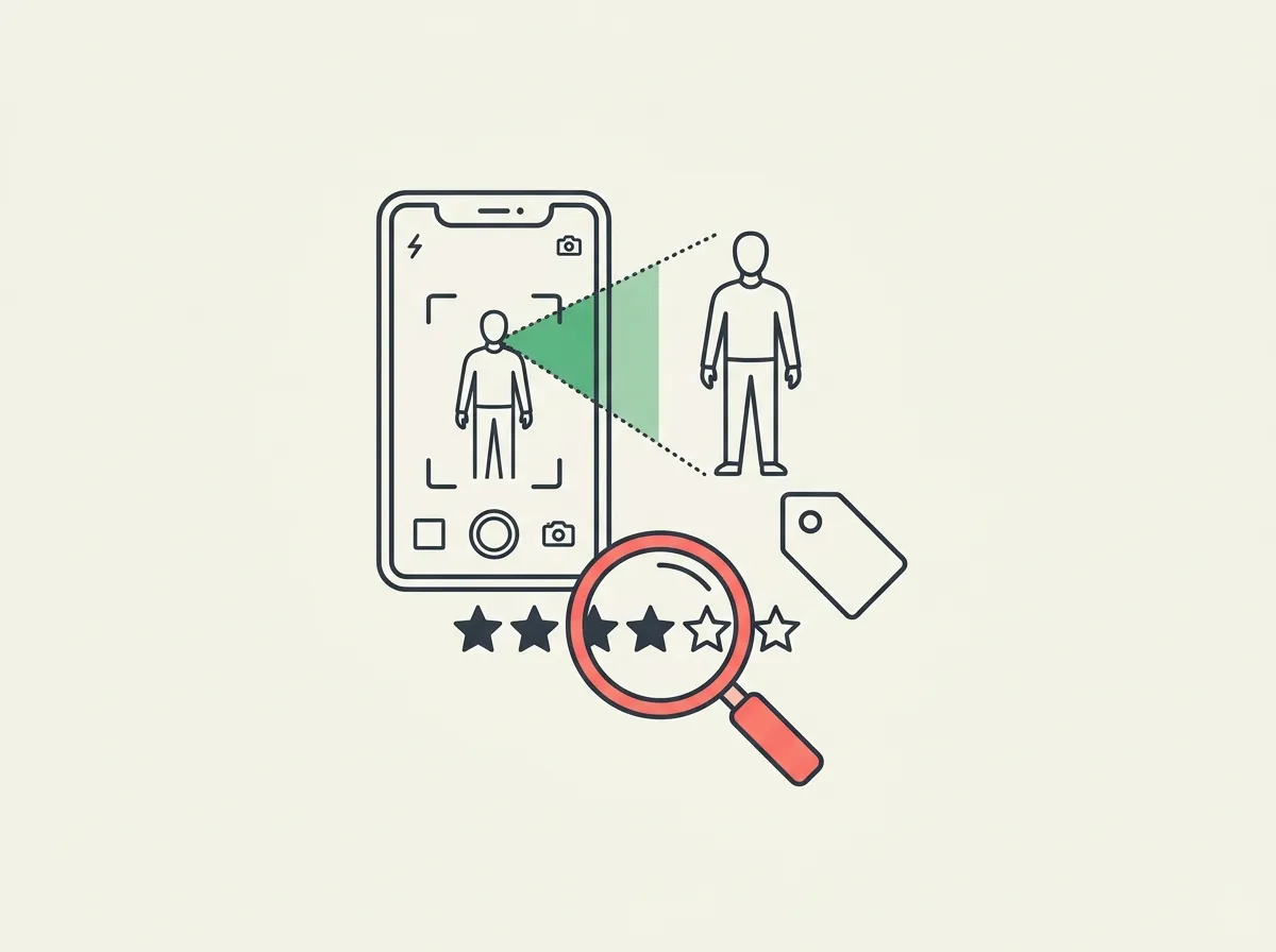 A smartphone showing an AI body scan interface with a dotted scan beam, next to a magnifying glass examining a star rating and a price tag — representing app review and accuracy analysis