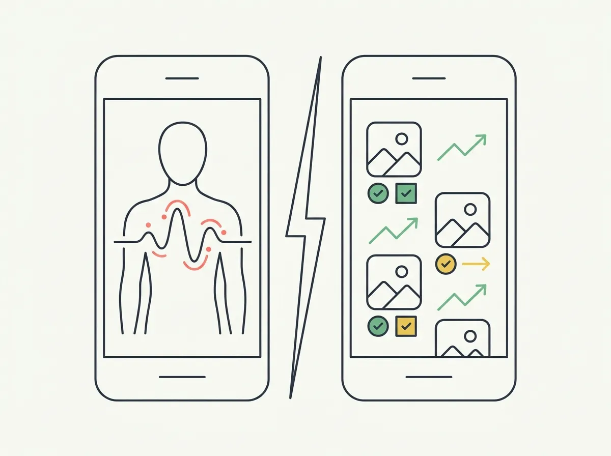 Two smartphones side by side — the left showing a quick body scan pulse over a torso, the right showing a progress photo timeline with score badges and trend arrows