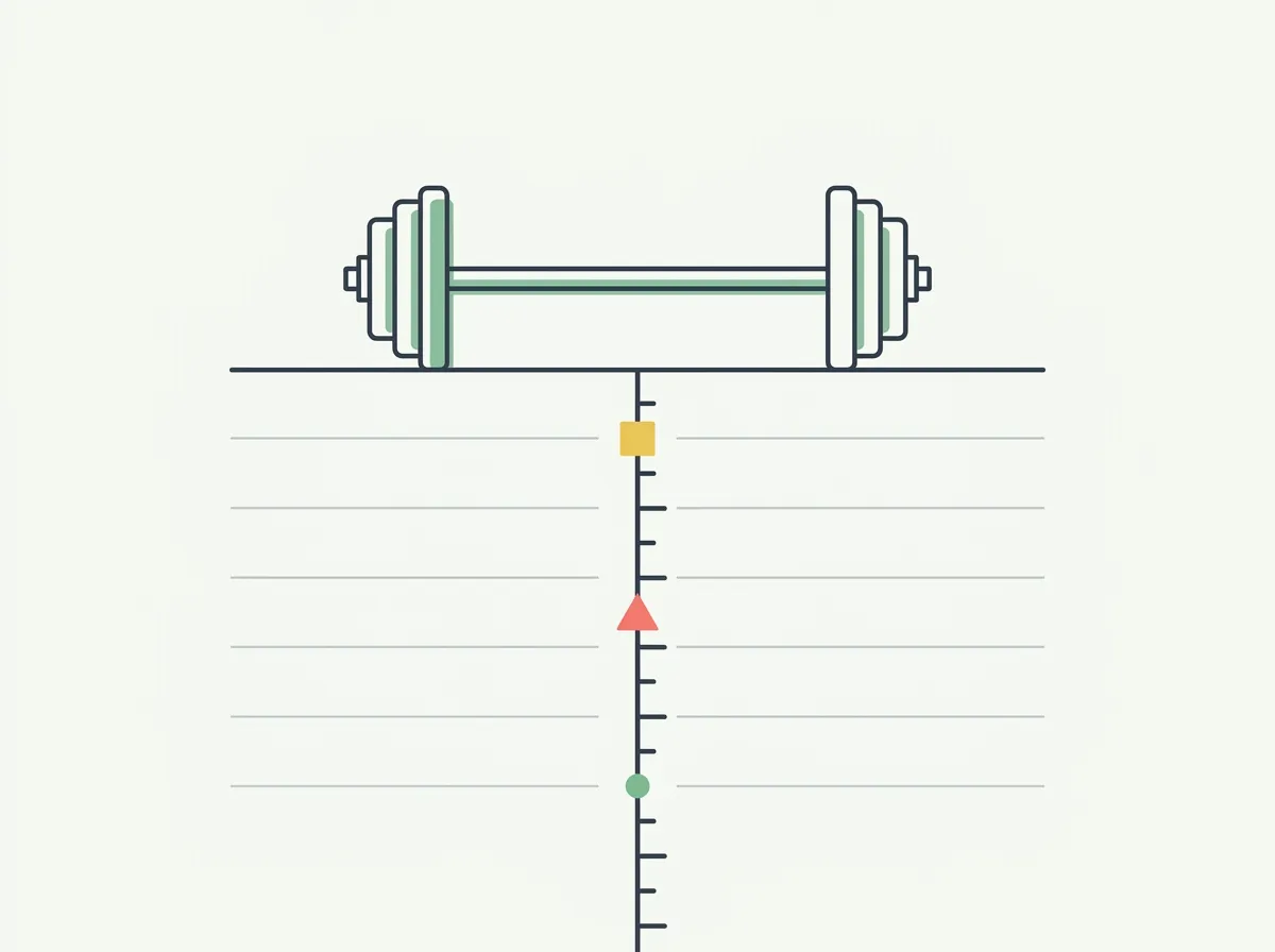A loaded barbell in a squat rack beside a chart of strength standards by bodyweight showing untrained to advanced tiers for the main lifts