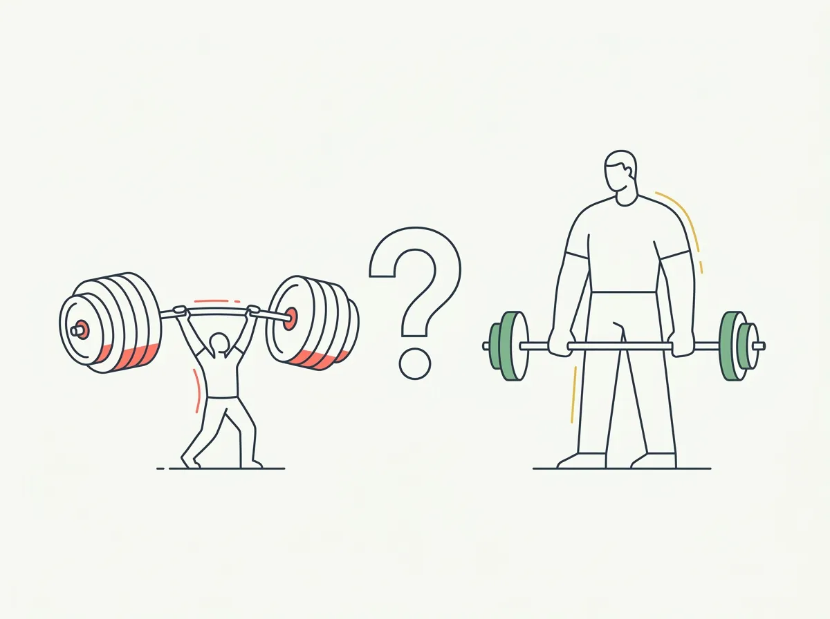 Lifter pulling a heavily loaded barbell beside a visibly bigger man lifting lighter weight, illustrating the gap between strength and size