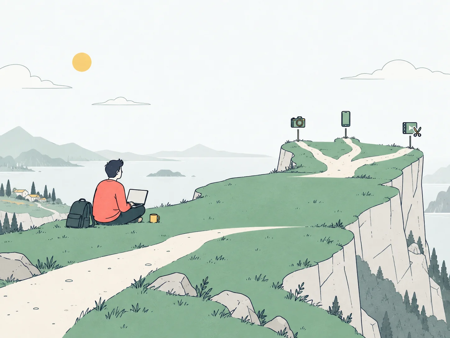A solo developer with a laptop sits on a level path that branches toward camera, phone, and video editing symbols.