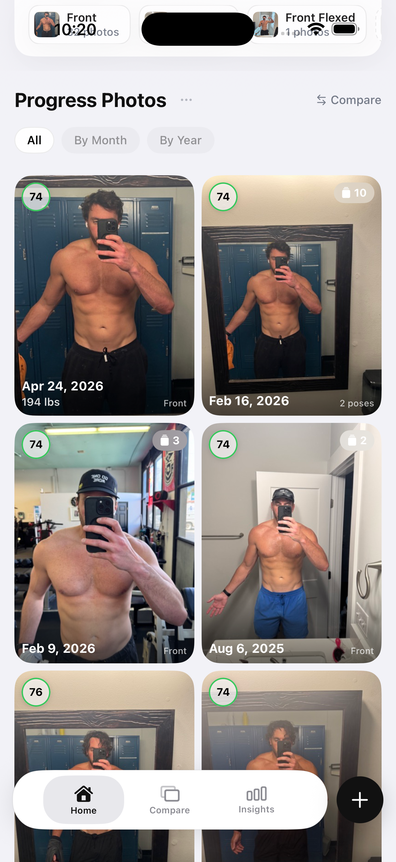 GainFrame photo gallery — auto-aligned weekly progress photos captured hands-free with the same camera position every time