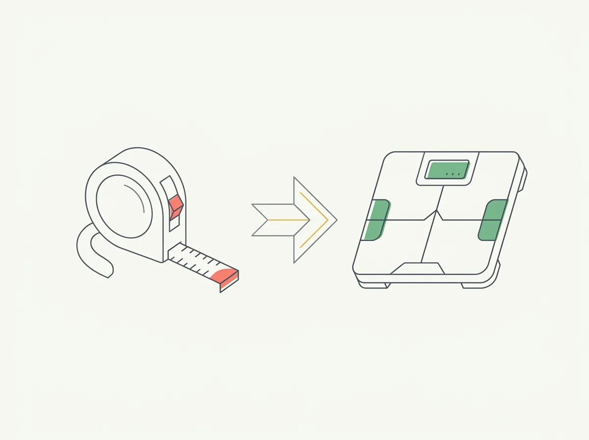 A fabric tape measure coiled next to a glass smart scale on a bathroom floor, illustrating the tape measure vs smart scale comparison for tracking fat loss