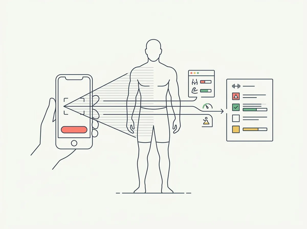 A smartphone scanning a lifter's body with scan lines and body fat and muscle readouts turning into a workout plan