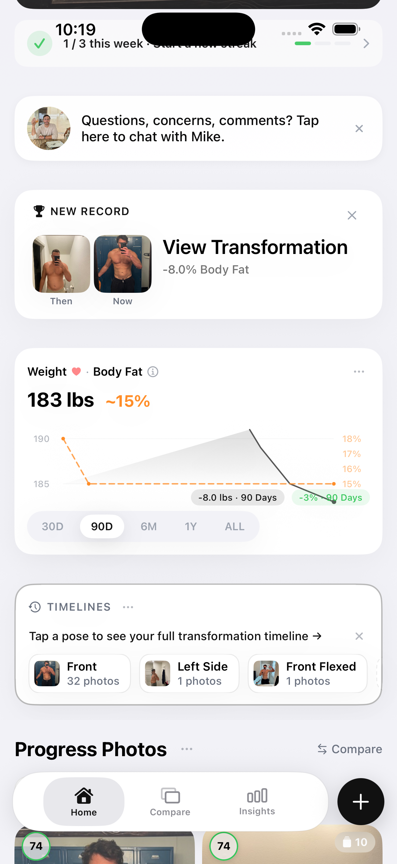 GainFrame dashboard showing body fat percentage, lean mass, and FFMI trends over time — the home equivalent of weekly DEXA