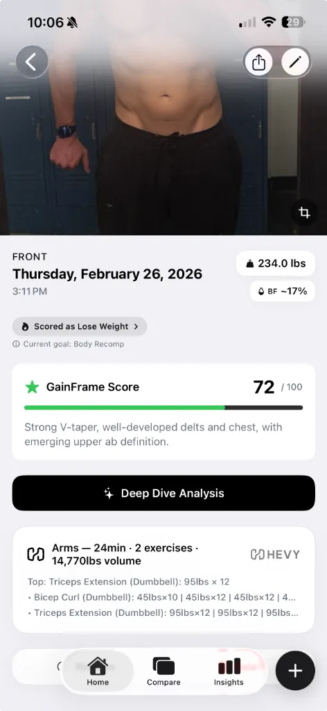 GainFrame photo detail screen showing a physique score of 72 alongside attached Hevy workout data from the same day