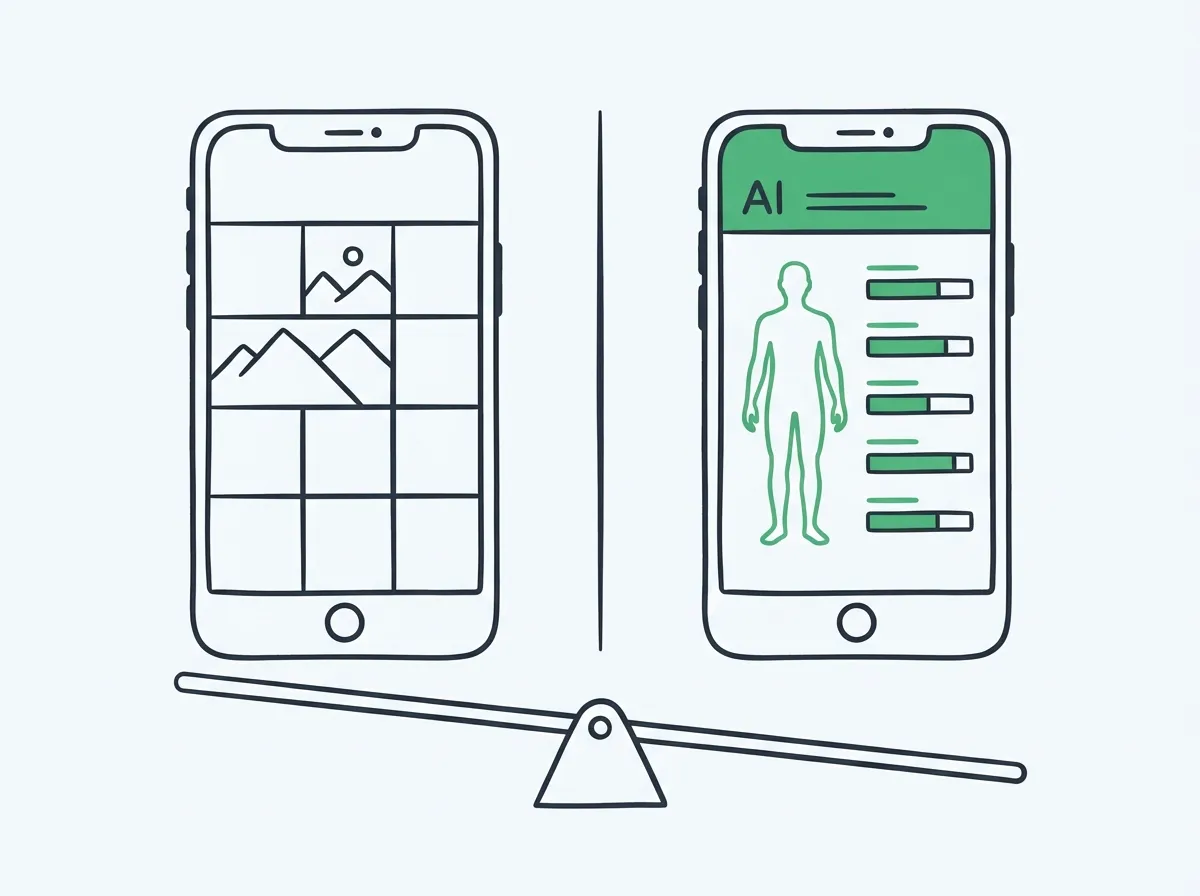 Two smartphones side by side with a VS divider — left showing a simple photo grid app, right showing an AI analysis dashboard with body score and muscle ratings, with a balance scale below tilted toward the right