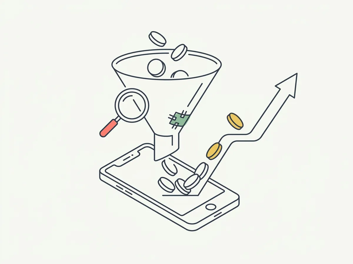 Line-art illustration of a repaired funnel over a smartphone with coins flowing through into a rising trend line, and a magnifying glass inspecting the funnel