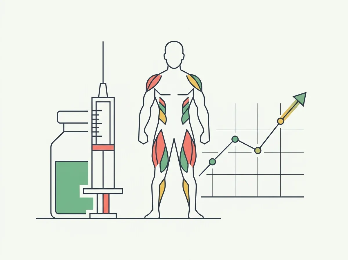 A clinical chart trending upward beside a human silhouette split between lean mass and fat mass, with a calendar marking months of gradual change