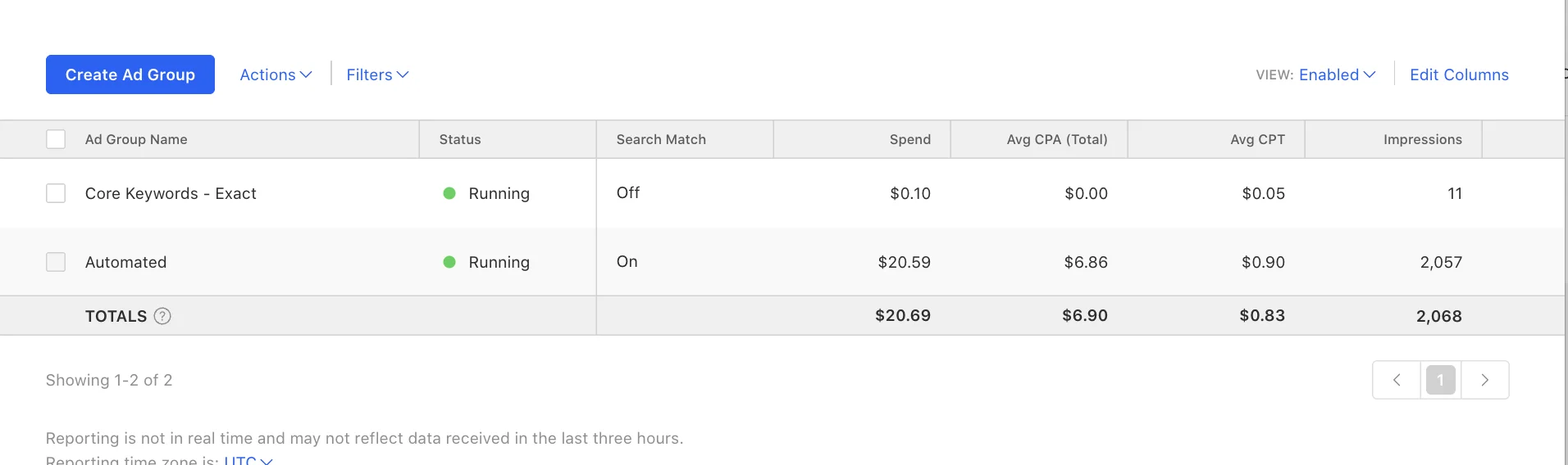 Apple Search Ads campaign breakdown showing $20.69 total spend across 2,068 impressions with $6.86 average CPA