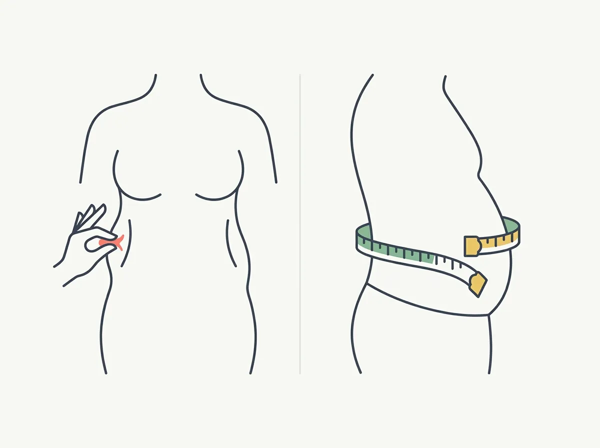 Side-by-side torso silhouettes: left showing subcutaneous fat as a yellow outer layer, right showing visceral fat as red clusters inside with a tape measure around the midsection