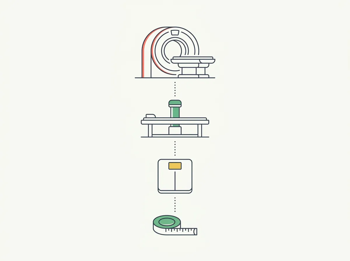 Vertical ranked list of visceral fat testing methods: CT scan (gold standard), DEXA scan, BIA scale, waist measurement — connected by a vertical line with icons