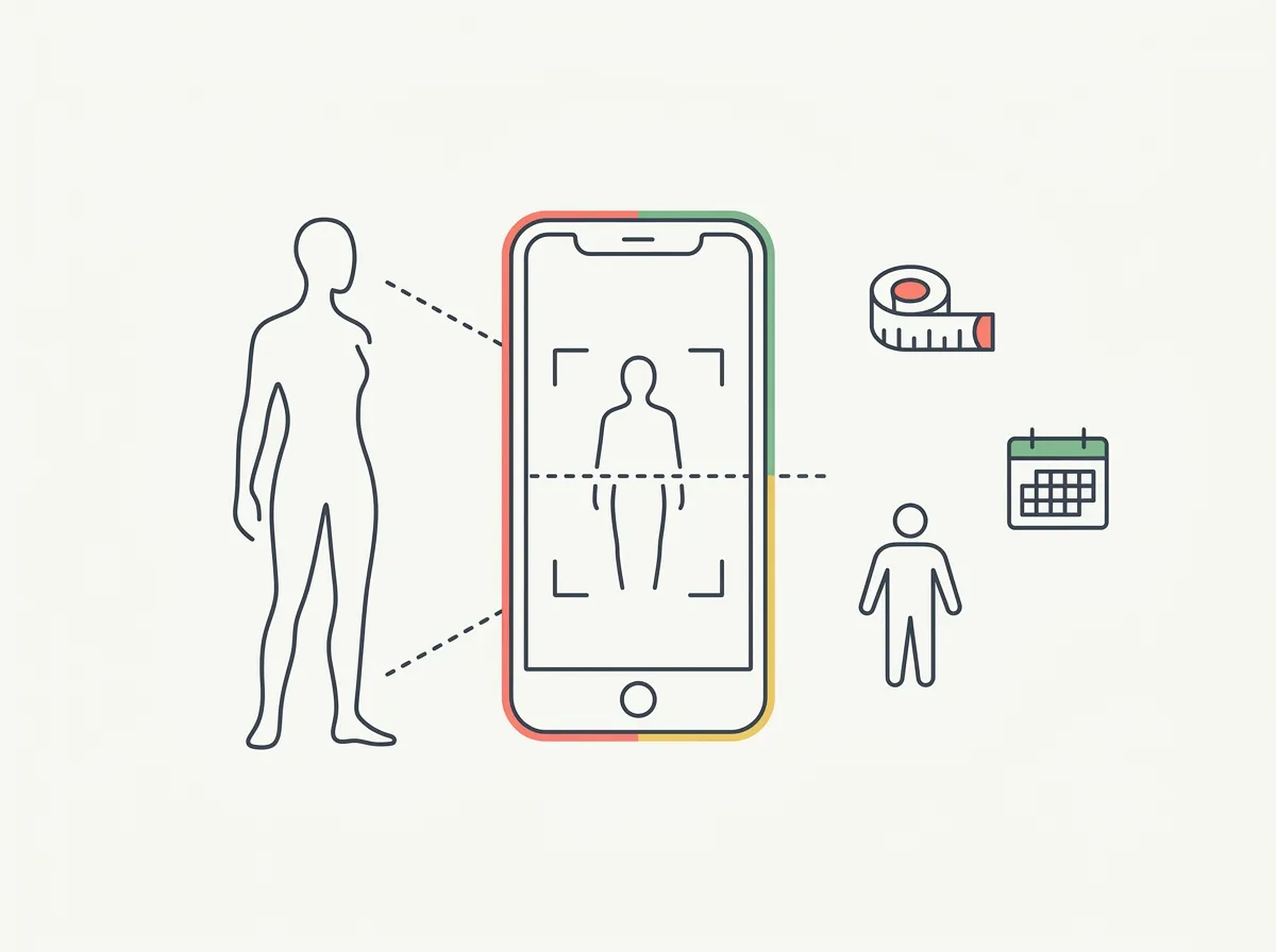 Illustration of a phone scanning a body outline beside waist, avatar, and calendar symbols