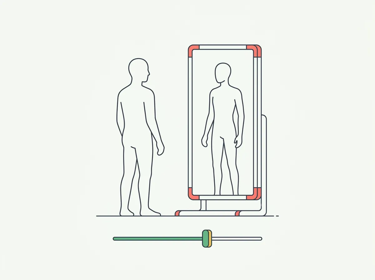 Three silhouettes of the same man at decreasing body fat levels shown side by side, with a phone screen displaying a body fat visualizer