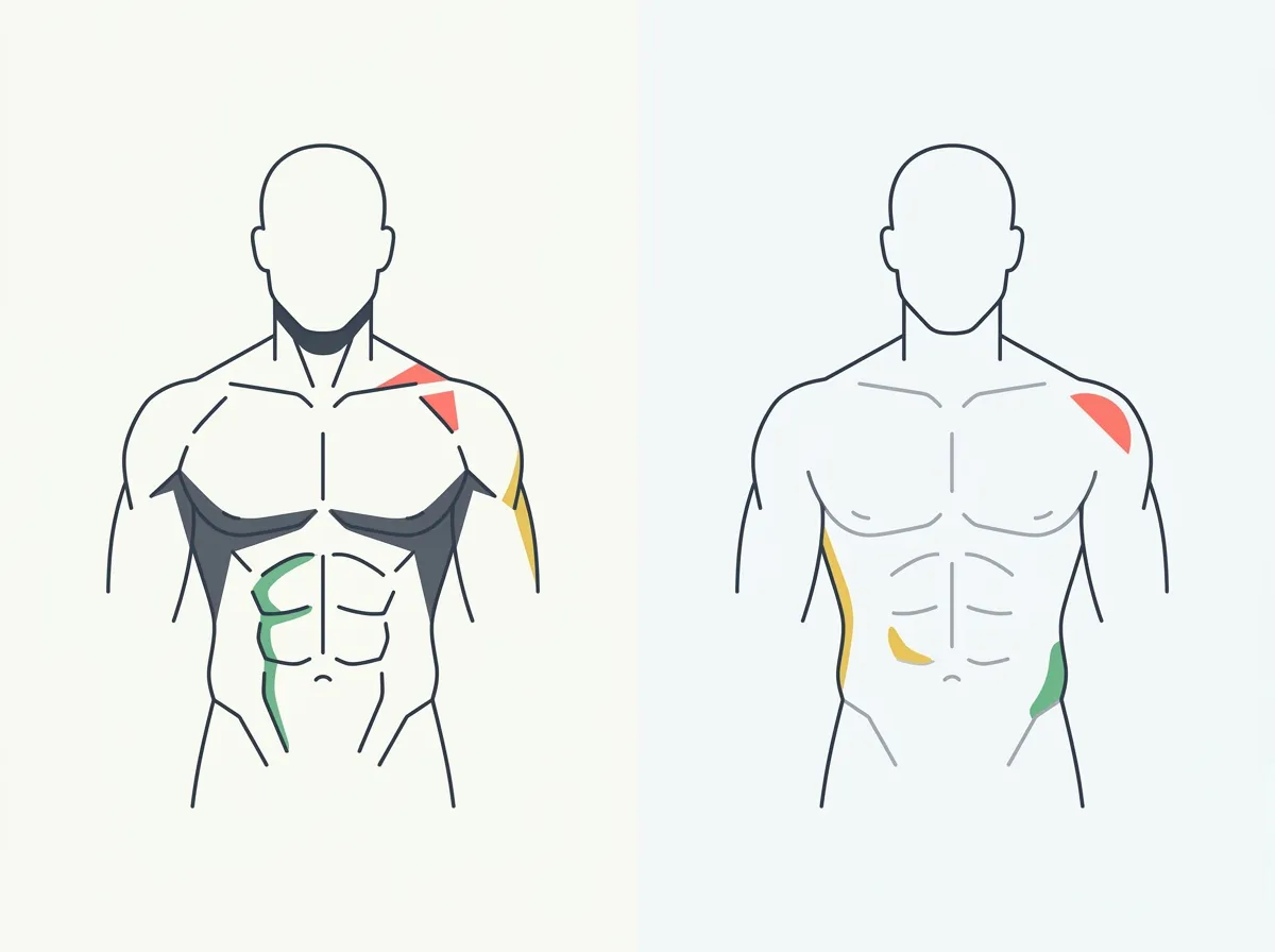 The same male torso shown twice, defined under hard overhead gym lighting and smooth under diffuse bathroom lighting, with light-direction arrows