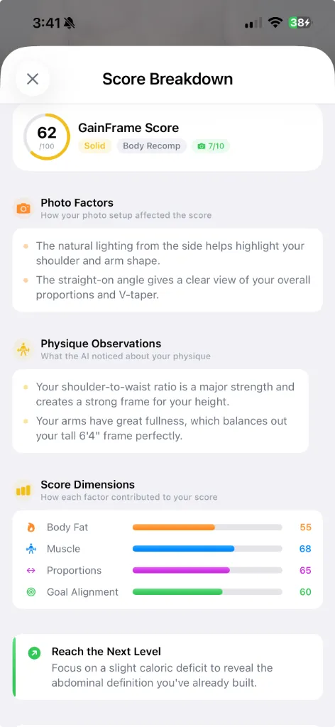 GainFrame Score Insights showing Photo Factors and Physique Observations separated with personalized coaching tip