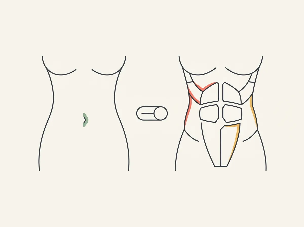 Side-by-side of the same male torso relaxed with smooth stomach and flexed with visible ab definition, illustrating why abs only show when flexing