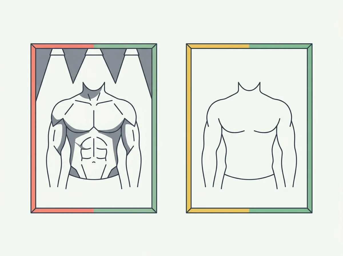 A lifter looking defined in a brightly lit gym mirror beside the same man looking smoother in a dim home bathroom mirror