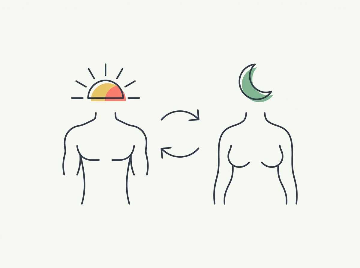 Split panel of the same male torso photographed in the morning with visible definition and in the evening looking fuller and softer
