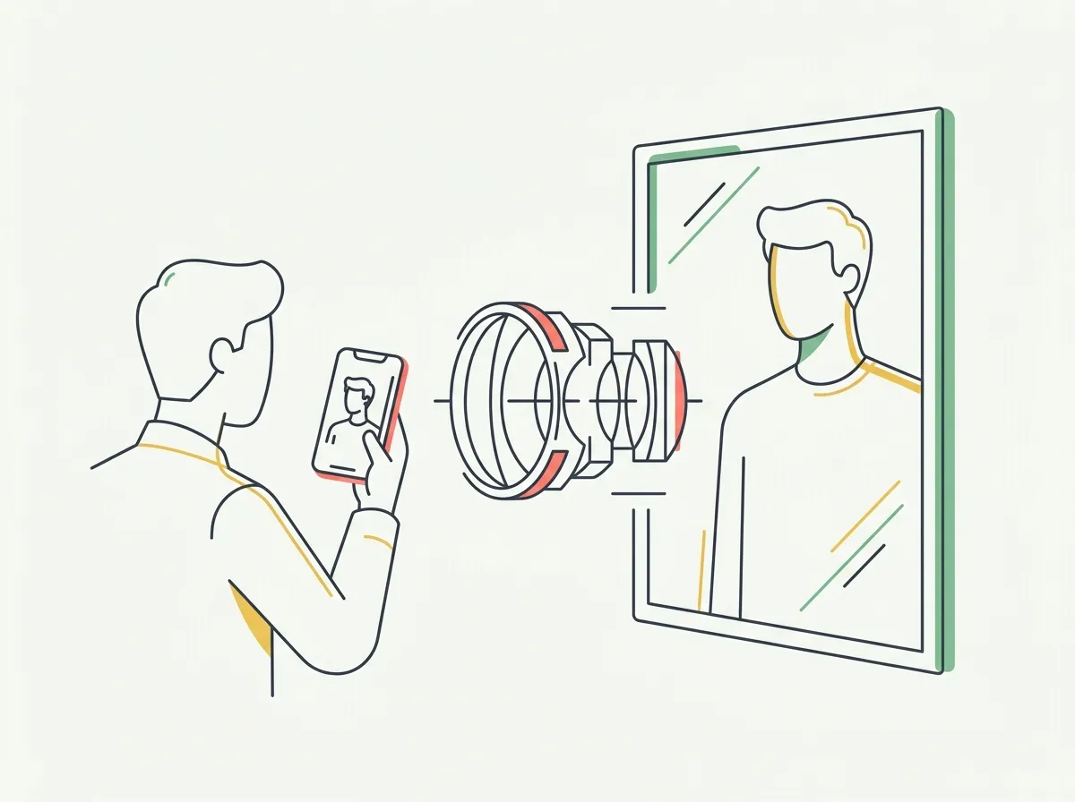 A man looking at a broad reflection of himself in a gym mirror while a phone screen in the foreground shows a noticeably slimmer, flatter version of the same pose