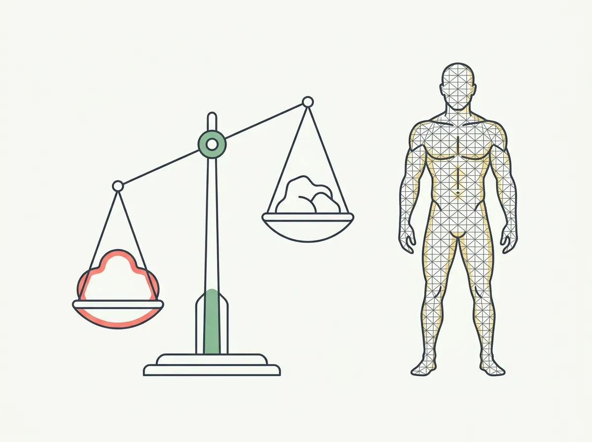 Lean muscular man standing on a bathroom scale reading a heavier number than his reflection suggests, beside a muscle versus fat density comparison
