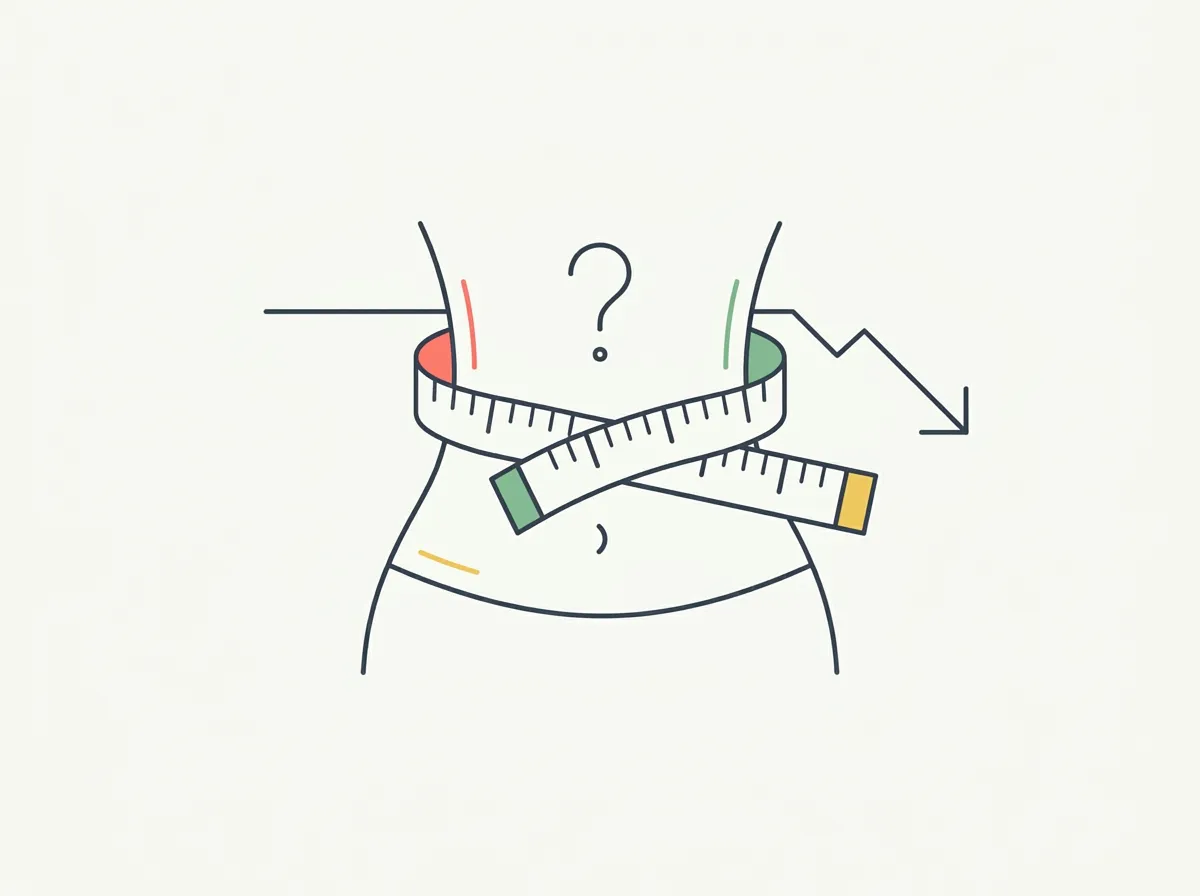 Measuring tape around a male waist reading the same number beside a bathroom scale showing weight loss, illustrating a stalled waist measurement