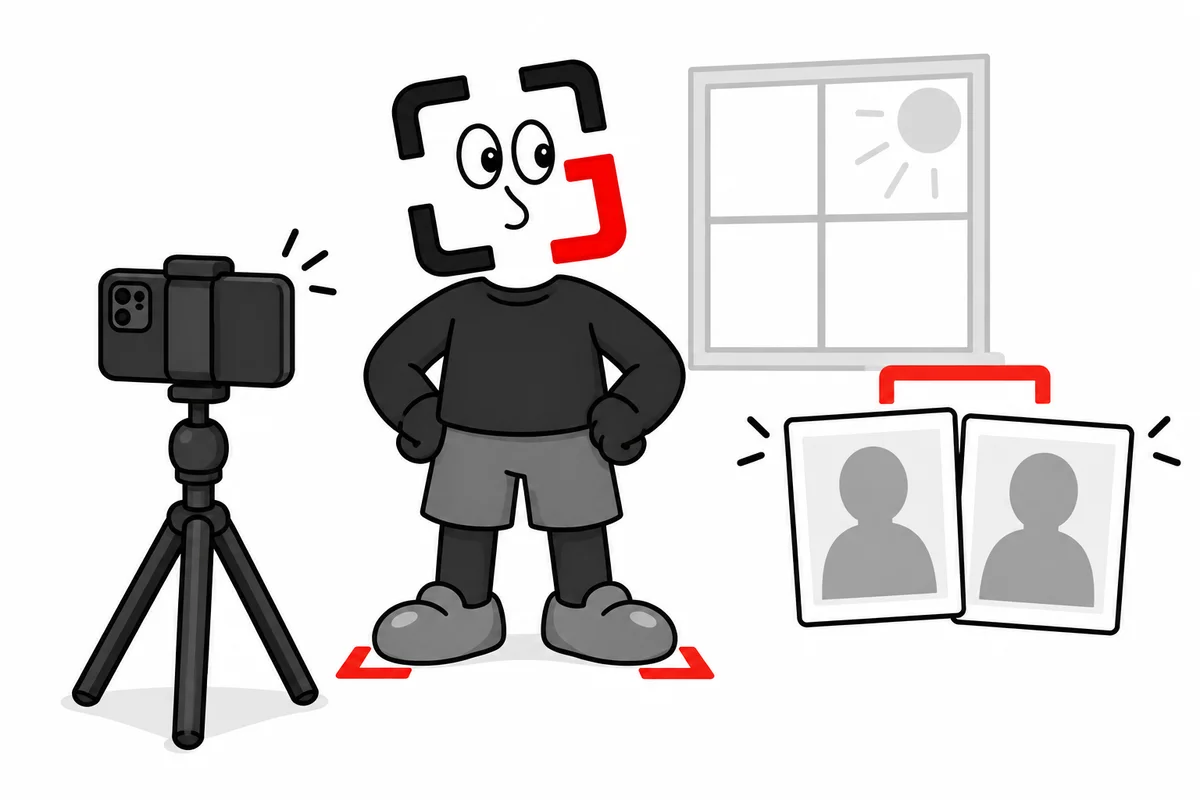 GainFrame mascot using a marked floor position, the same camera height, and consistent window light for progress photos