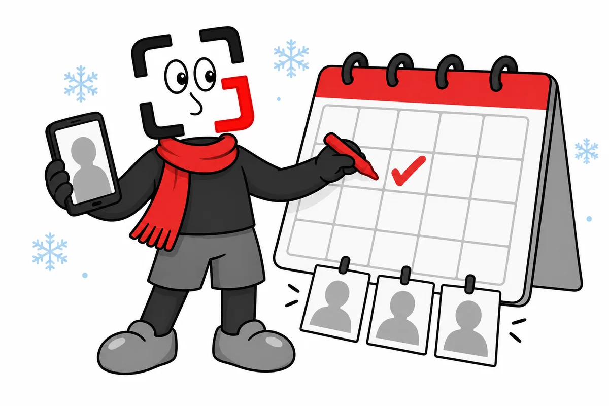 GainFrame mascot in a red scarf marking a Winter Arc photo calendar