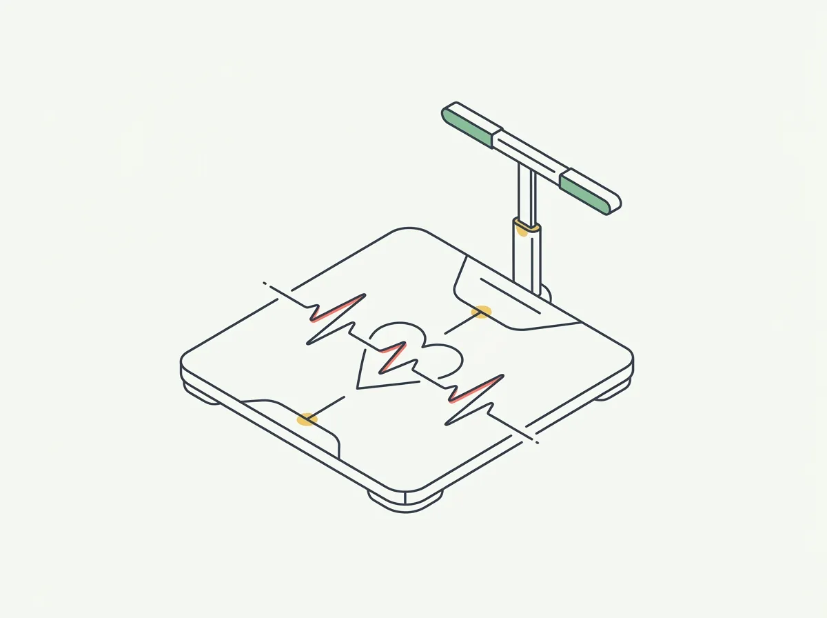 A premium smart scale with a retractable handle raised on its cable, showing segmental body composition zones across a human silhouette